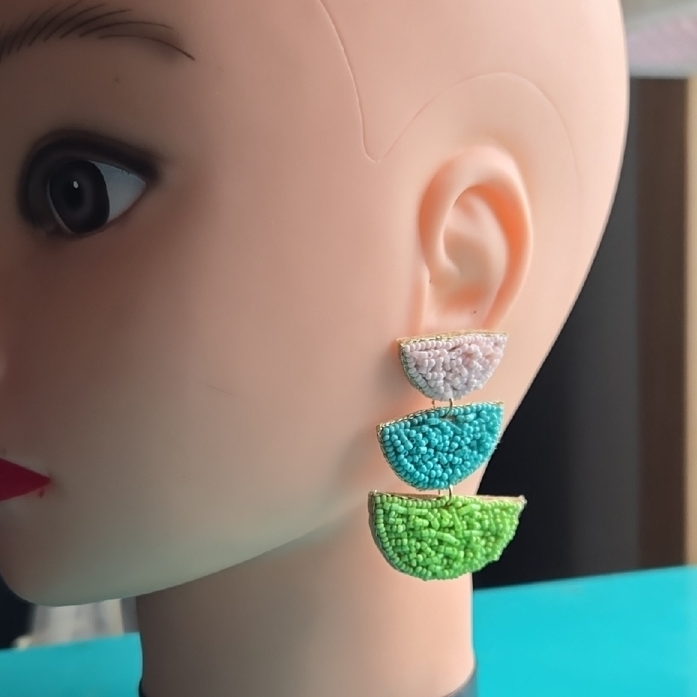Elegant Beaded Earrings - White, Blue, Green